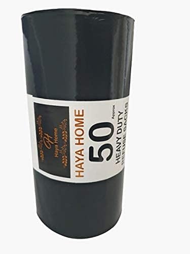 Haya Home 50 Black Plastic Bin Bags Liners, Refuse Sacks Pack of 50 X 1 Heavy Duty Waste Dustbin roll 100L for Kitchen Office DIY Garden Made from 100% Recycled Material