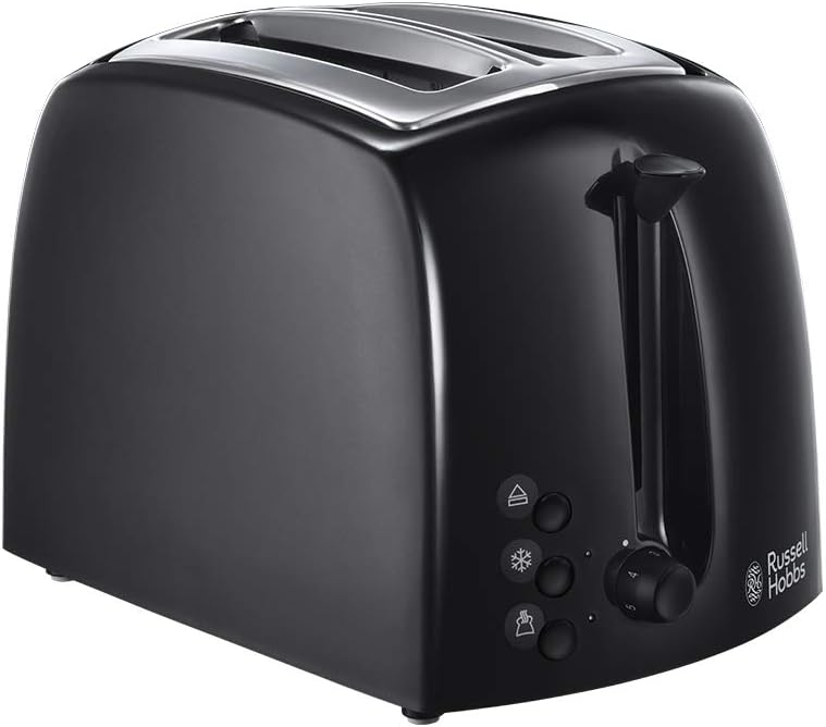 Russell Hobbs Textures 2 Slice Toaster (Extra Wide Slots, 6 Browning levels, Frozen, cancel & reheat function with indicator lights, Removable crumb tray, 850W, Black matt & high gloss finish)