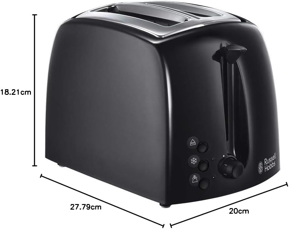 Russell Hobbs Textures 2 Slice Toaster (Extra Wide Slots, 6 Browning levels, Frozen, cancel & reheat function with indicator lights, Removable crumb tray, 850W, Black matt & high gloss finish)