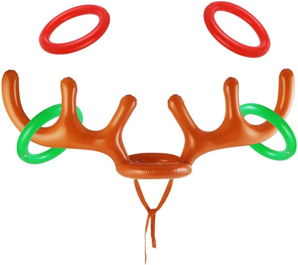 VEYLIN Christmas Party Toss Game Inflatable Reindeer Antler Hat with Rings for Kids Adults Family Xmas Fun Games