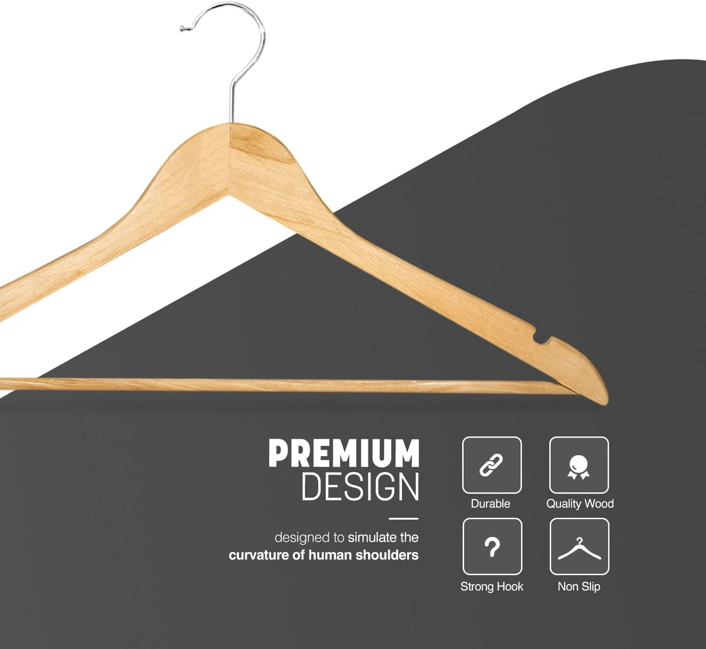 KEPLIN Strong Walnut Wood Wooden Coat Hangers with 360 Degree Rotatory Hook & Round Trouser Bar & Shoulder Notches - Durable Wardrobe Space Saver (Natural, 20 Pack)