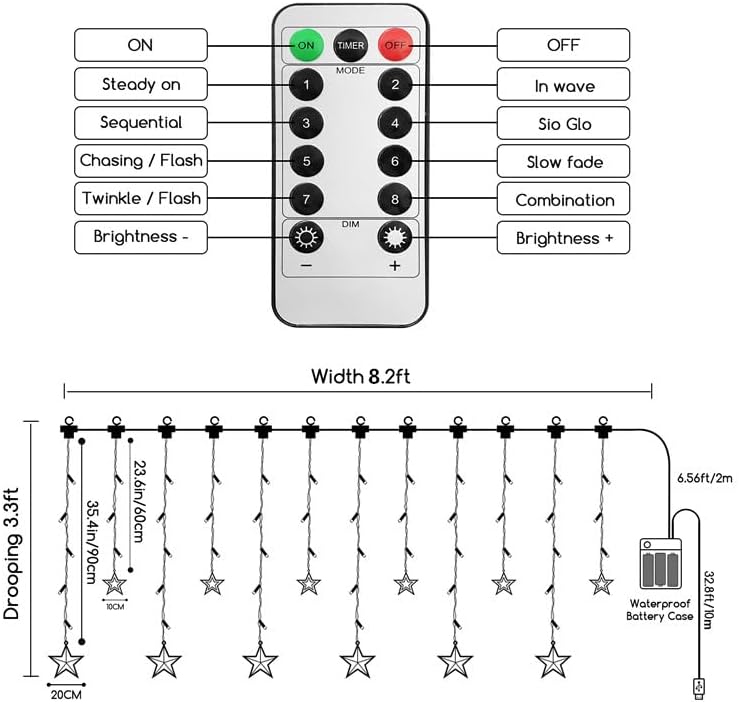 Jsdoin Christmas LED Stars Curtain Lights,12 Stars 138 Window Curtain String Lights with 8 Flashing Modes Decoration for Wedding, Party,Wall, Home Decorations,USB/Battery Powered (Warm White)