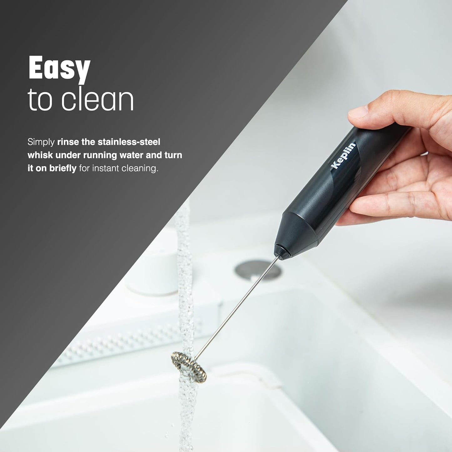 Keplin Handheld Milk Frother – Stainless Steel Electric Whisk, Portable Battery-Operated Coffee Frother for Lattes, Matcha & Protein Shakes – Ergonomic & Easy to Clean (Black)