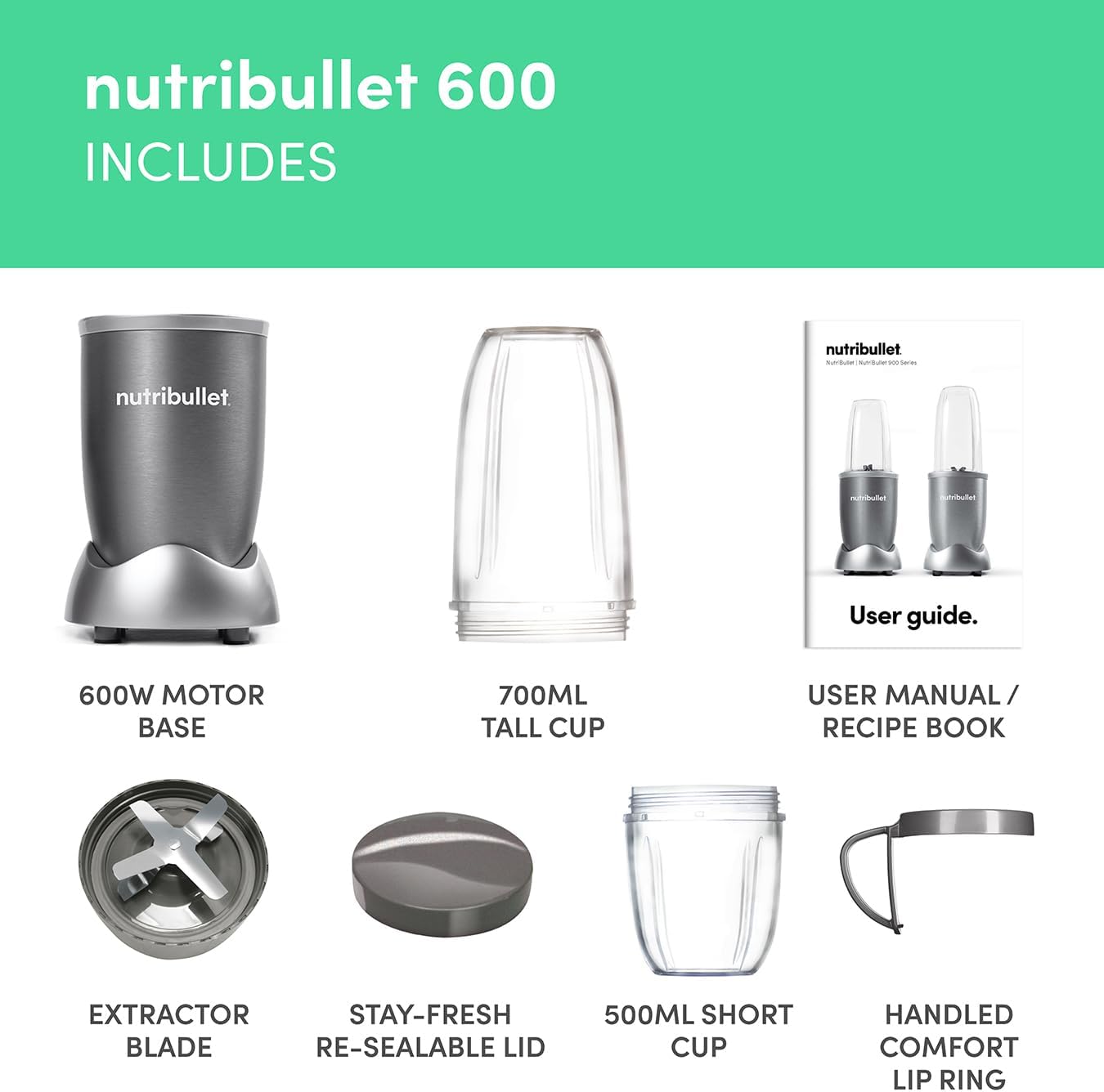 nutribullet Blender 600 Series - Powerful 20,000 RPM Extractor Blends Frozen Fruit, Nuts & Ice - 7 Piece Kit Includes Tall Cup, Short Cup, Handled Ring & Sealable Lid - Ideal for Smoothies