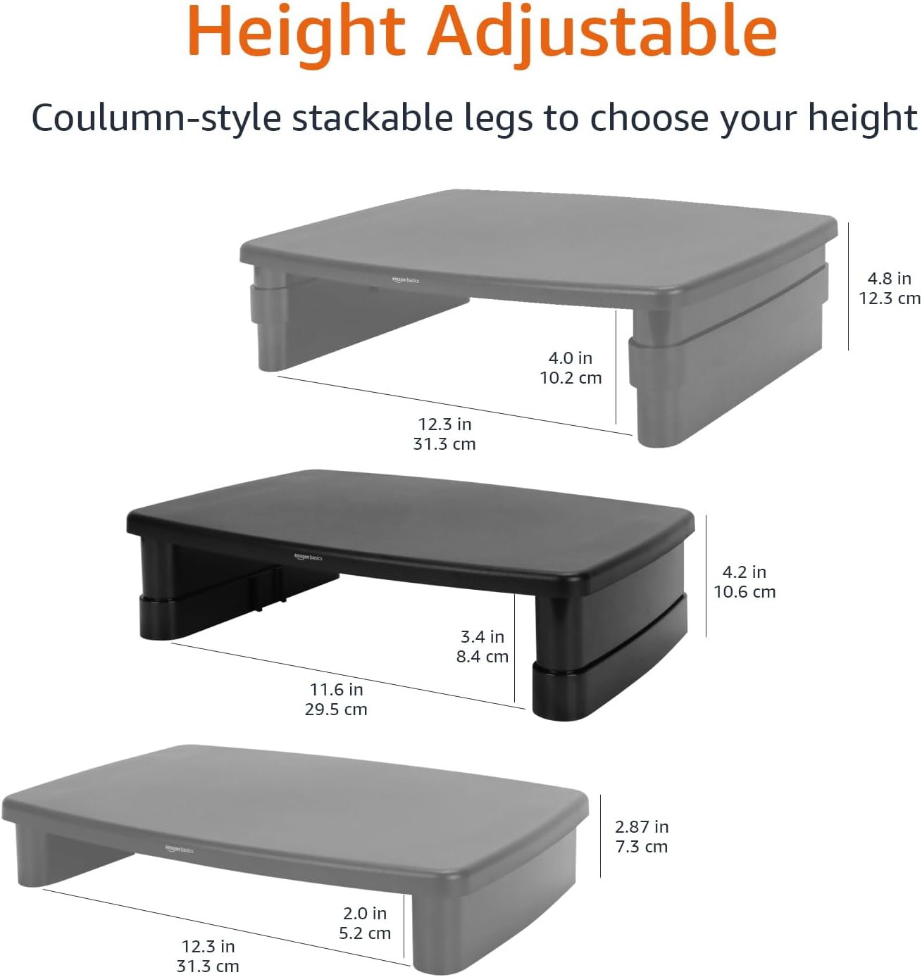 Rectangular Adjustable Computer Monitor Riser Desk Stand for Reduced Neck Strain, Fits Monitors, Laptops Up to 22lbs, Black