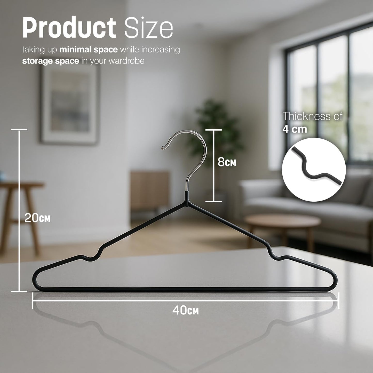 KEPLIN 20 Pack Premium Rubber Coated Metal Hangers - Heavy Duty - Space Saving Organiser Clothes Hangers For Wardrobes Coat Rack Rails (Black)