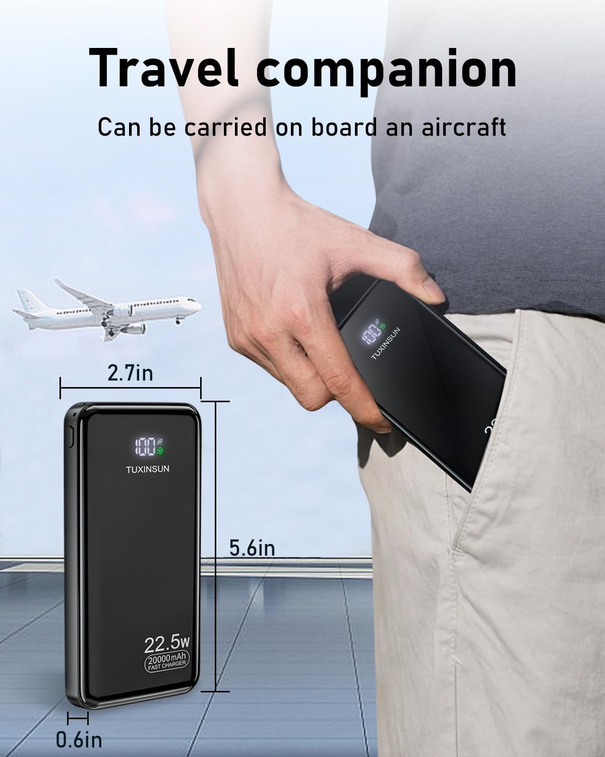 20,000mAh Portable Power Bank – 22.5W Fast Charging with PD3.0 & QC4.0, USB-C Charger with LCD Display, 3 Outputs & 2 Inputs – Perfect for Smartphones and Outdoor Use (Black)