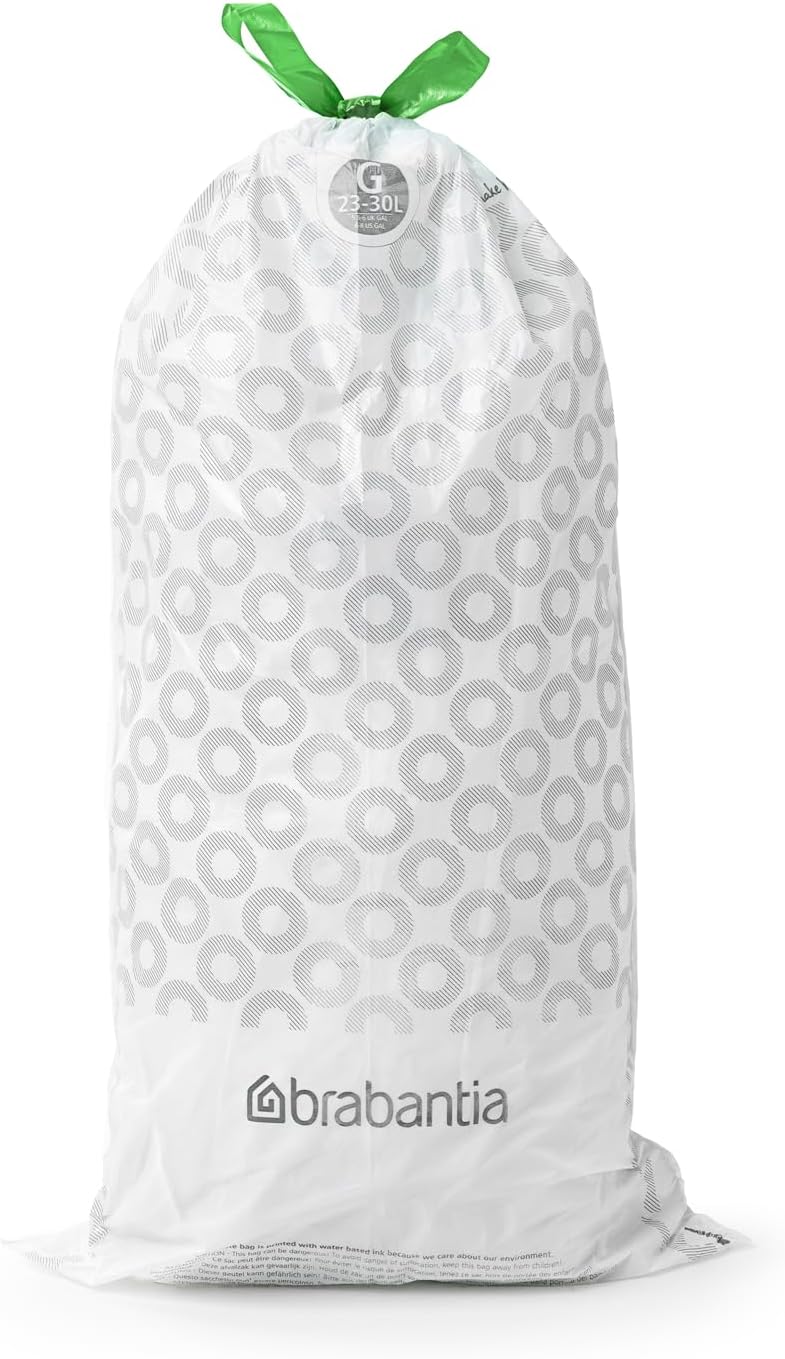 Brabantia PerfectFit Bin Liners (Size G/23-30 Litre) Thick Plastic Trash Bags with Tie Tape Drawstring Handles (40 Bags)
