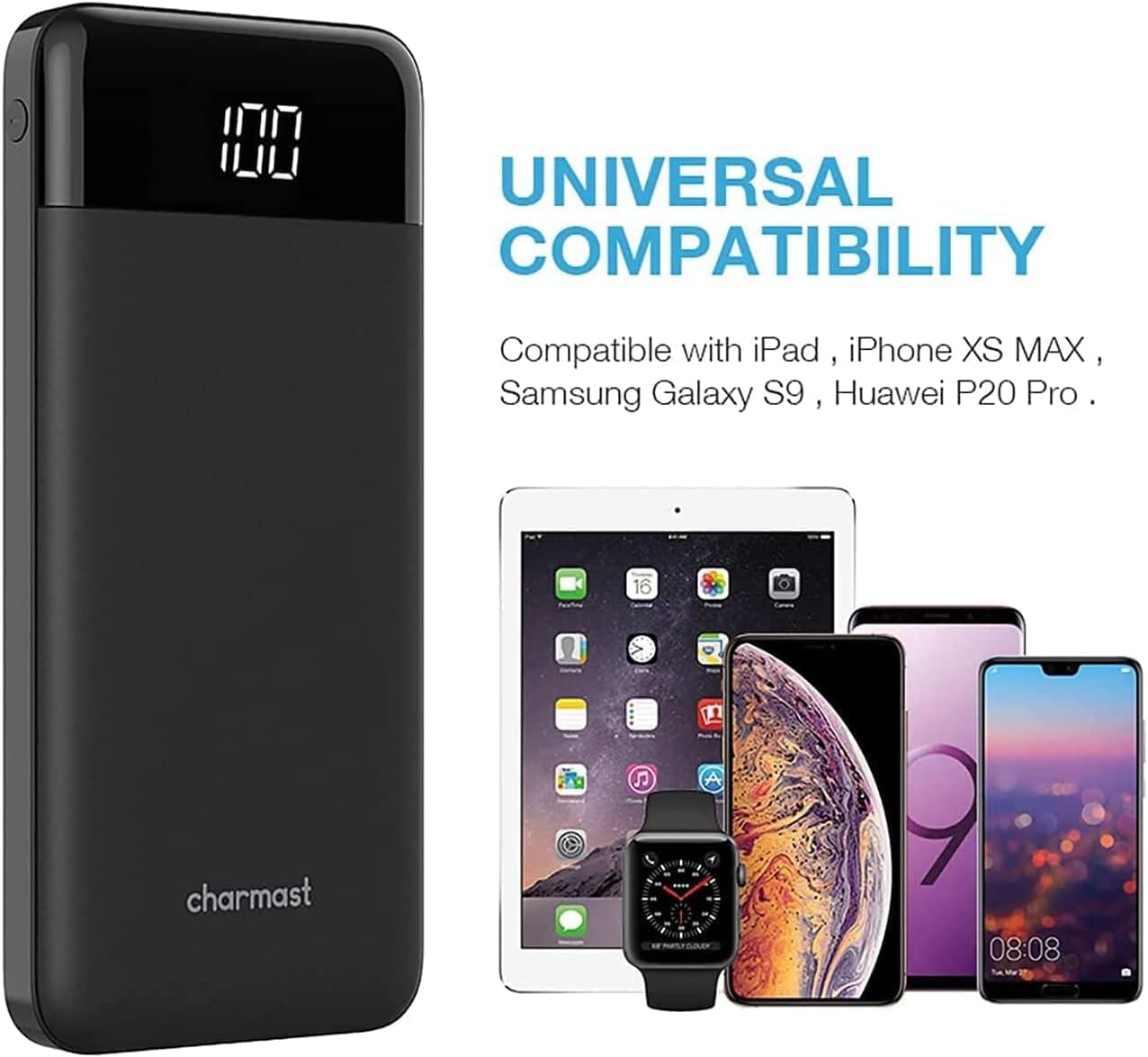 Charmast Ultra Slim Power Bank 10,400mAh – Quick Charge USB-C Portable Charger with LED Display – Compatible with Smartphones, iPhone, Huawei & More