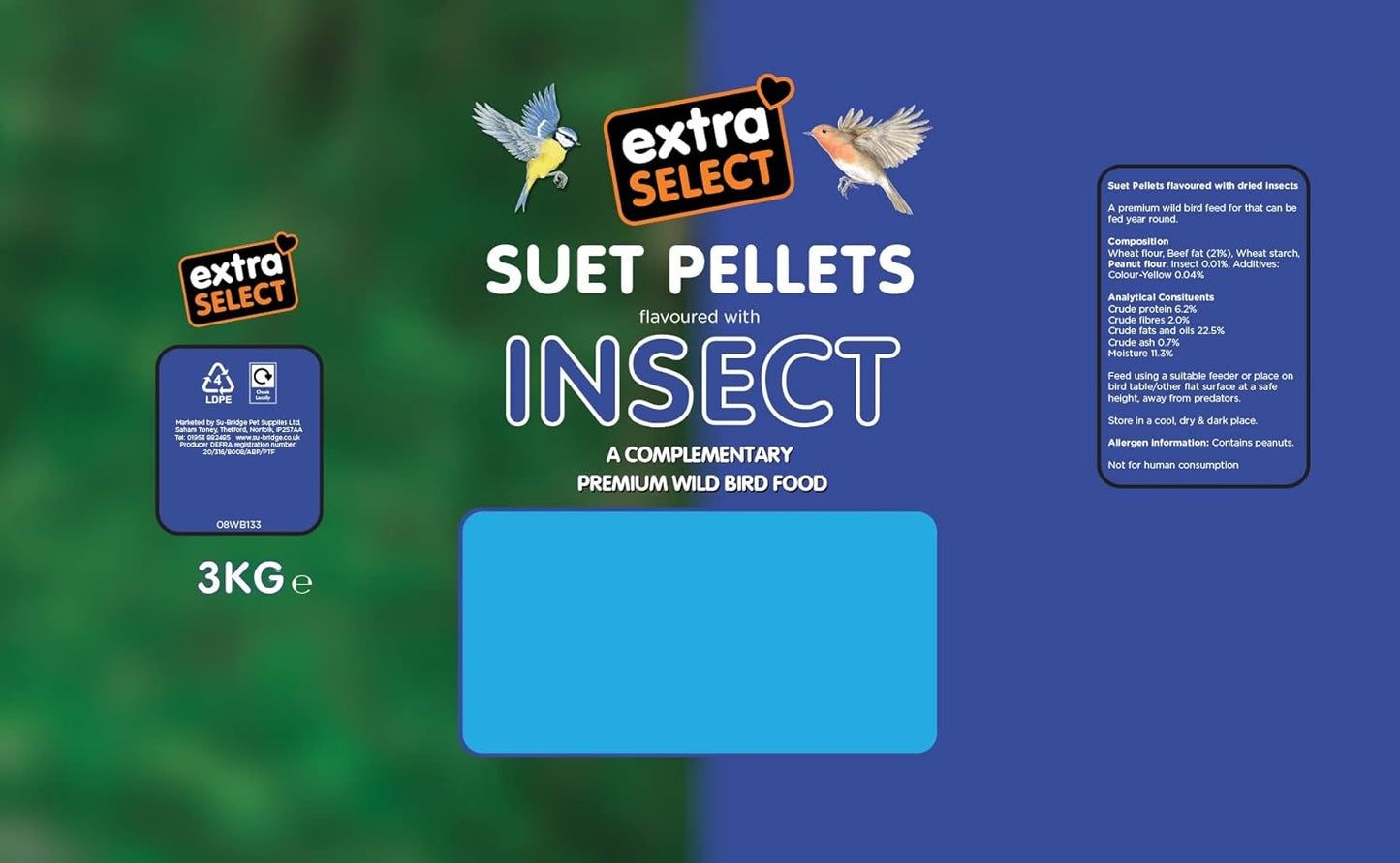 Extra Select Insect High Energy Suet Pellets Wild Bird Food - Protein, Fat Rich Year-Round Feeding - 3 kg Refill