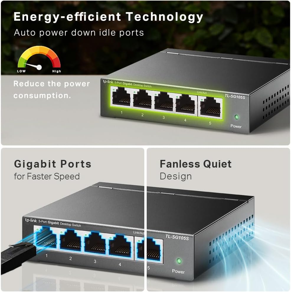 TP-Link 5 Port Gigabit Ethernet Network Switch, Ethernet Splitter 1 to 4, Network 4 Way Ethernet Hub, Desktop & Wall-Mounting, Sturdy Metal, Fanless, Plug & Play, Energy-Saving (TL-SG105S)