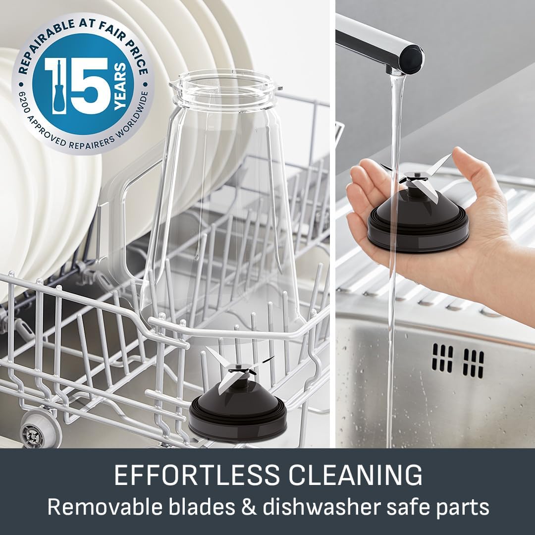 Tefal Blendforce II Blender, 2L Plastic Jug, 1.25L Effective Capacity, 600W, 4 Removable Stainless Steel Blades, Smoothie, Ice Crush, 2 Speeds + Pulse, Kitchen Shakes Maker, Black, BL420840