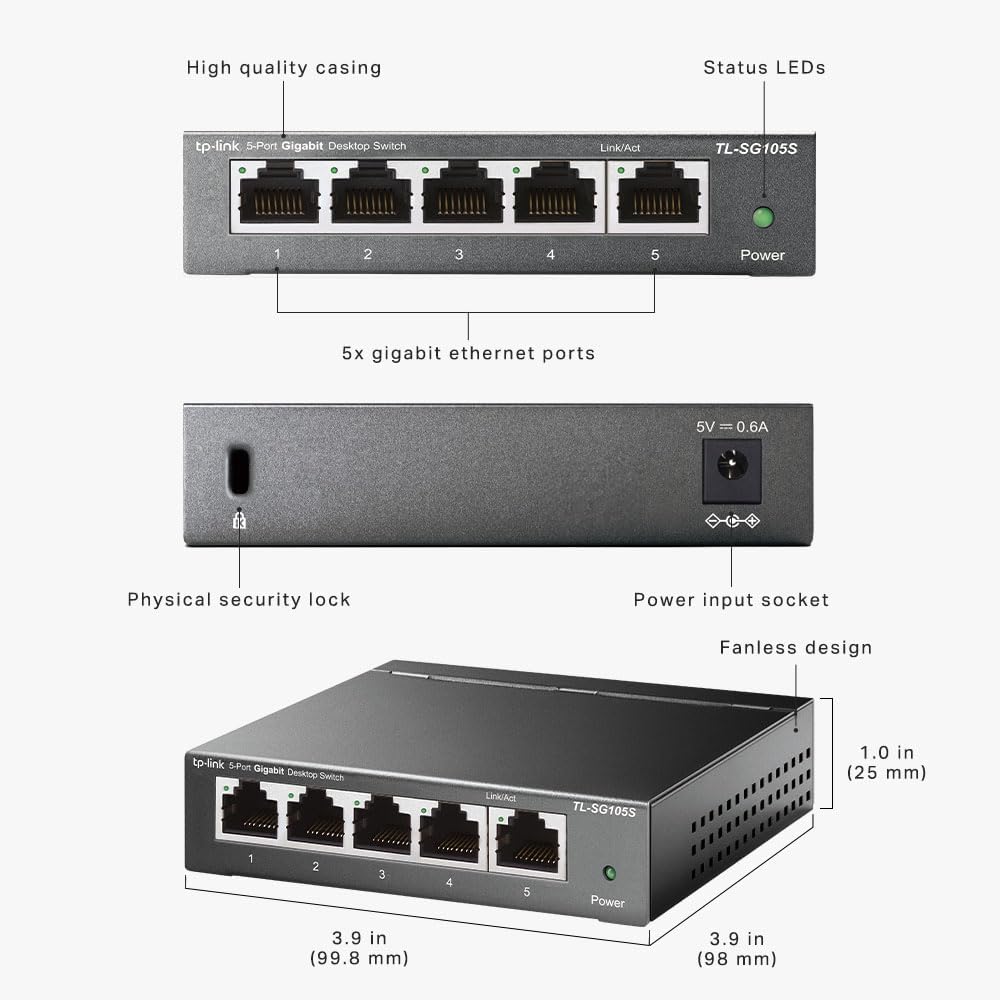 TP-Link 5 Port Gigabit Ethernet Network Switch, Ethernet Splitter 1 to 4, Network 4 Way Ethernet Hub, Desktop & Wall-Mounting, Sturdy Metal, Fanless, Plug & Play, Energy-Saving (TL-SG105S)
