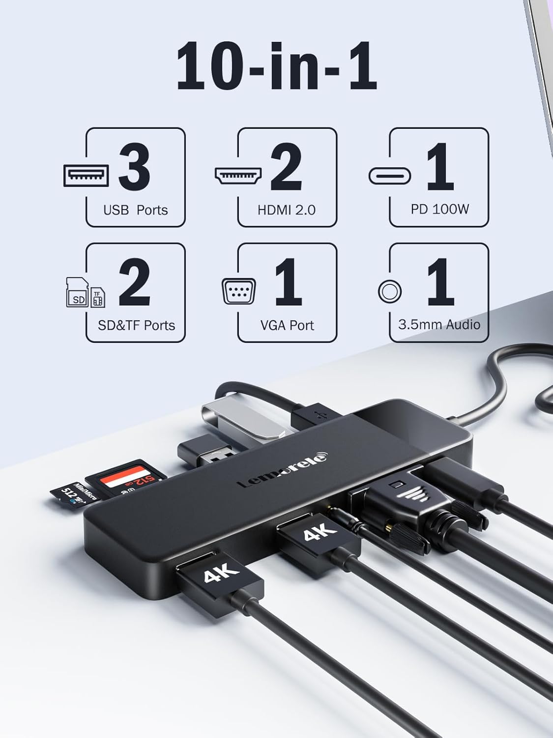 Docking Station USB C Hub 3*Display- 10 in 1, Lemorele USB C Dock 2*HDMI Adapter 4K, 3 USB 3.0/2.0, VGA, PD 100W, Audio, SD/TF, for HP Laptops, ThinkPad, MacBook, Surface