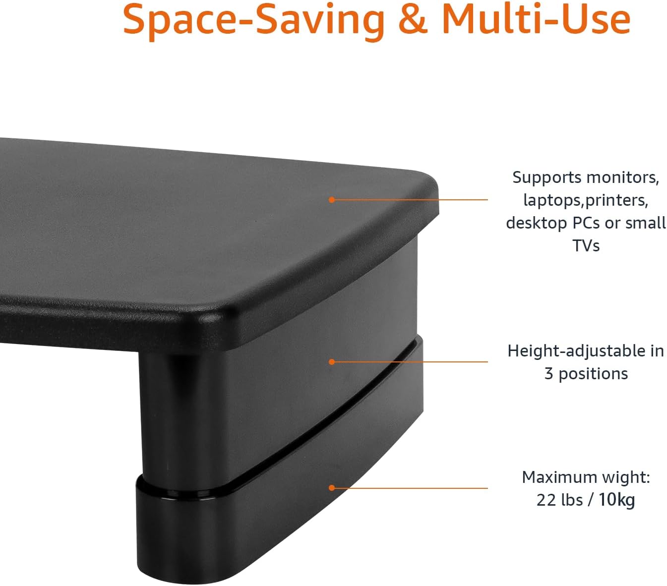 Rectangular Adjustable Computer Monitor Riser Desk Stand for Reduced Neck Strain, Fits Monitors, Laptops Up to 22lbs, Black
