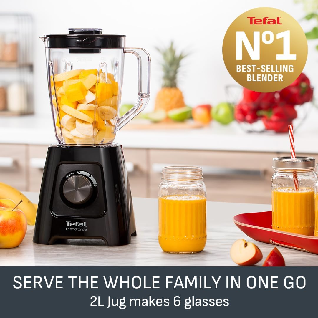 Tefal Blendforce II Blender, 2L Plastic Jug, 1.25L Effective Capacity, 600W, 4 Removable Stainless Steel Blades, Smoothie, Ice Crush, 2 Speeds + Pulse, Kitchen Shakes Maker, Black, BL420840