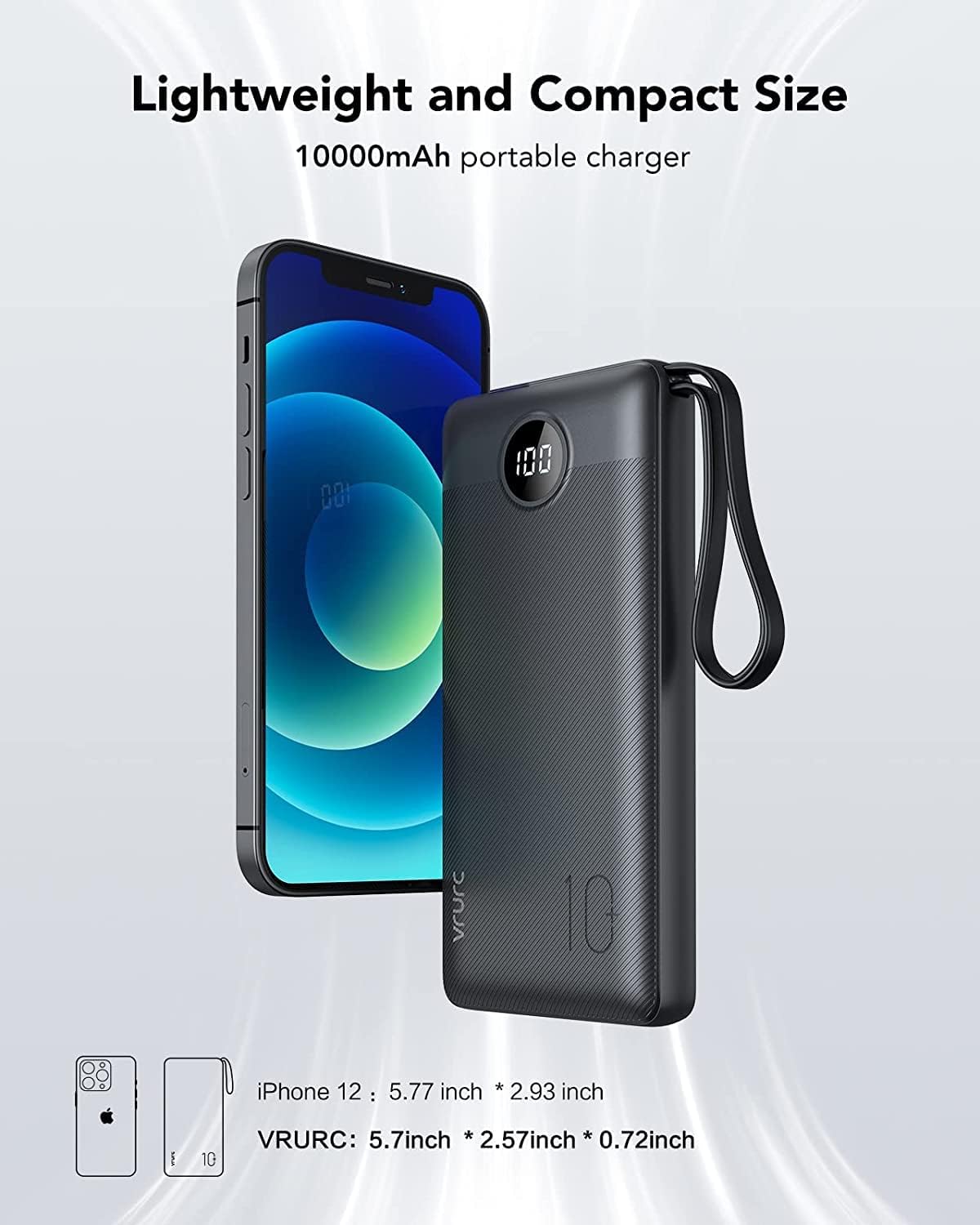 VRURC Portable Power Bank 10,000mAh with Built-In Cables – USB-C Portable Charger with 5 Outputs, 2 Inputs & LED Display – Compatible with iPhone 16/15/14, Samsung S21/S20, Xiaomi