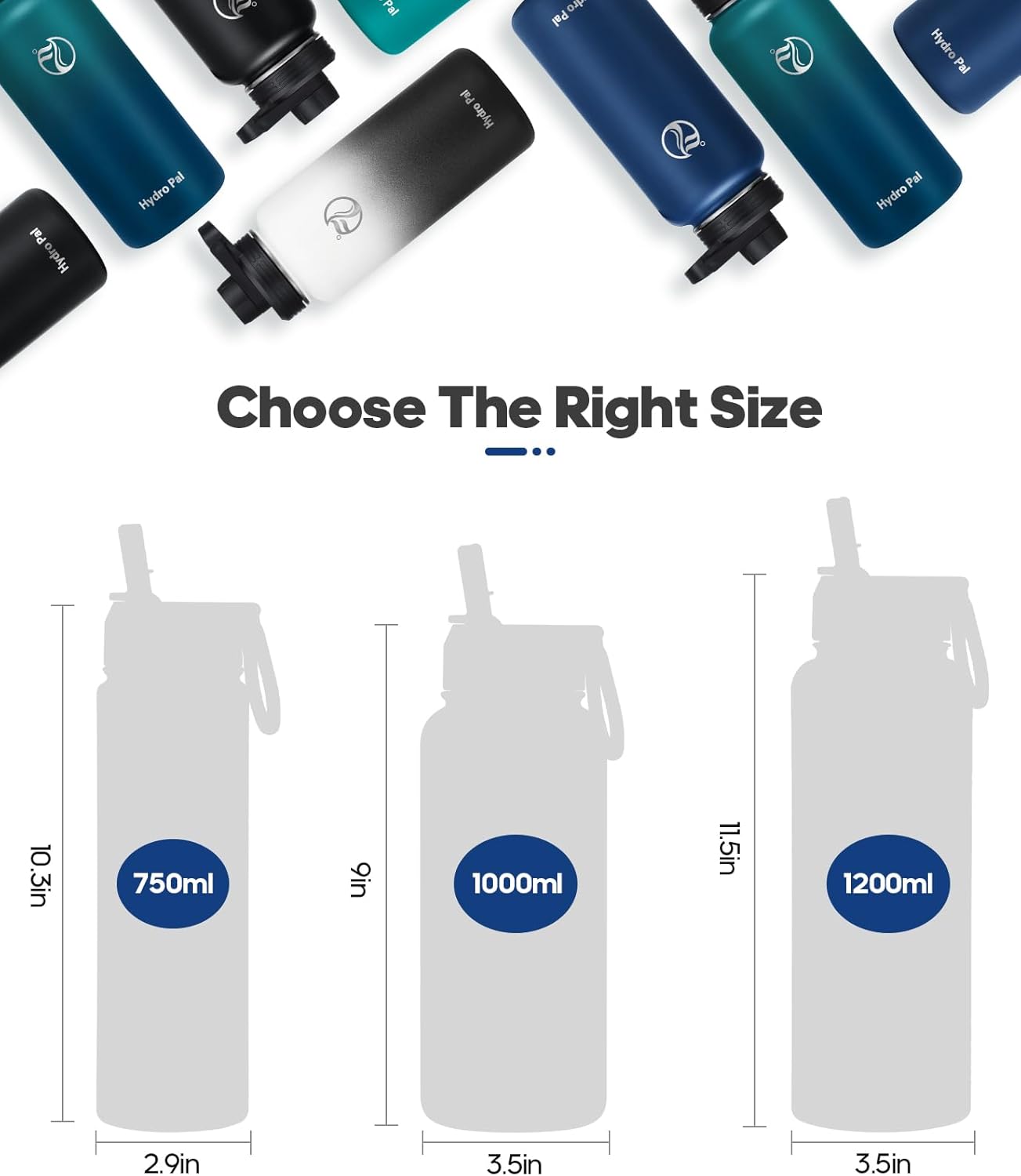 HydroPal Vacuum Insulated Stainless Steel Water Bottle, 1200ml/1000ml/750ml- 2 Lids (Straw Lid and Spout Lid), 2 Straws Water Bottle for 12 Hours Hot & 24 Hours Cold Drinks, Great for Work, Travel