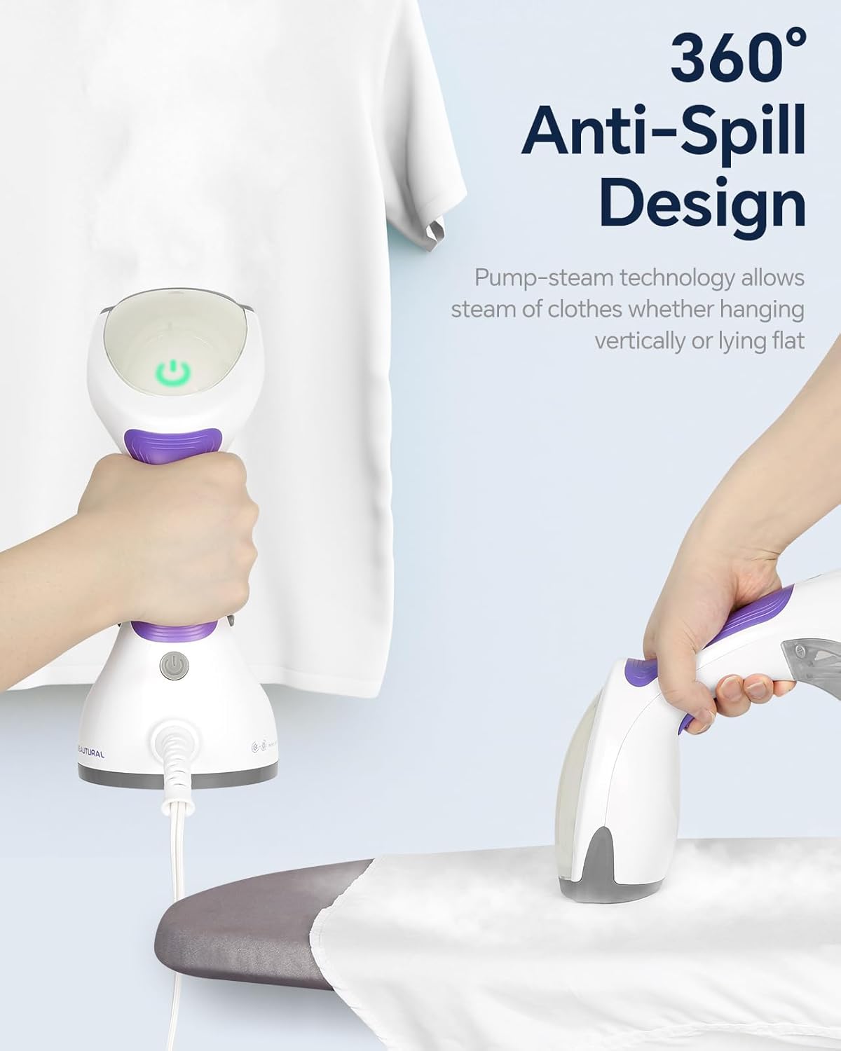 BEAUTURAL Steamer for Clothes, Portable Handheld Garment Fabric Wrinkles Remover, 30-Second Fast Heat-up, Auto-Off, Large Detachable Water Tank