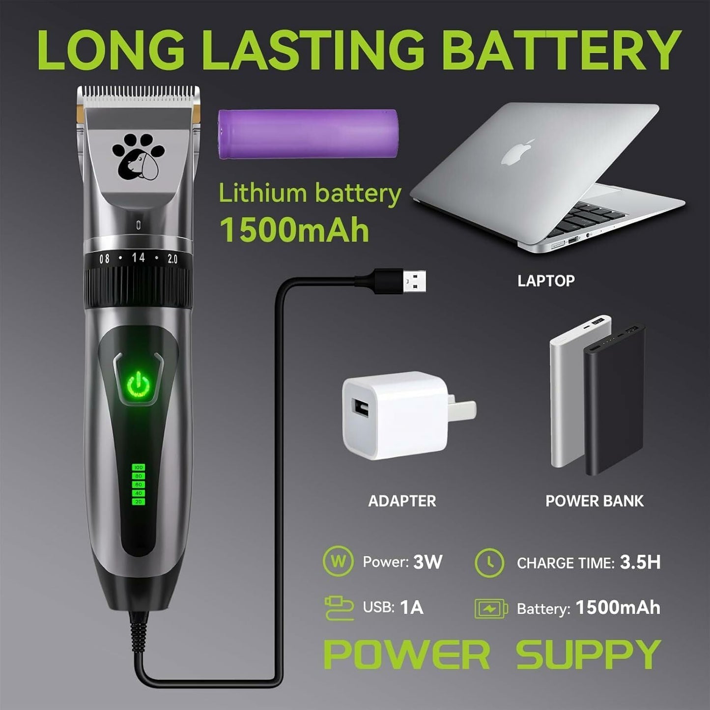 Cordless Professional Pet Clippers – 2-Speed Low Noise Grooming Kit for Dogs & Cats with Thick or Fine Hair