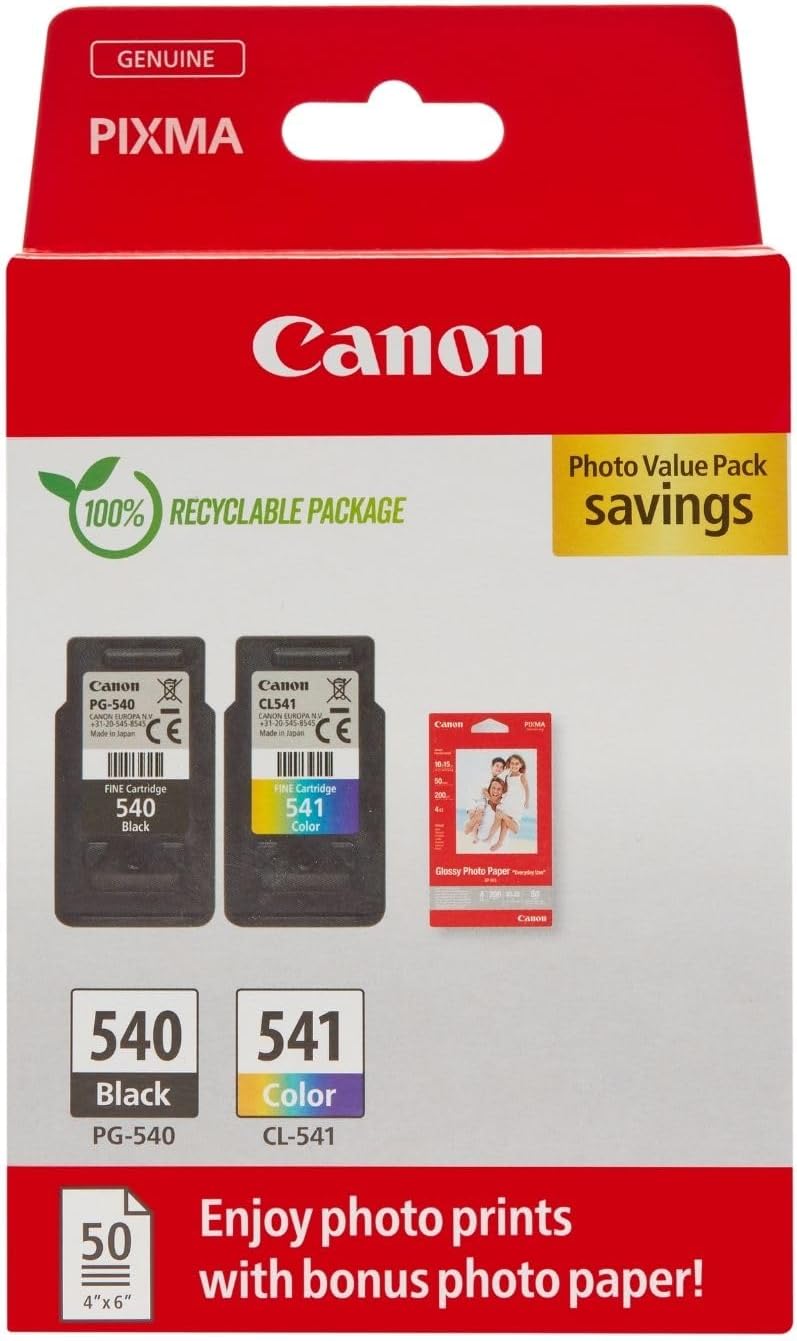 Canon Ink & Paper Multipack - PG-540/CL-541 Genuine Printer Ink Cartridges 2 Pack (1 x Black, 1 x Colour) & 4x6 Photo Paper (50 x Sheets)