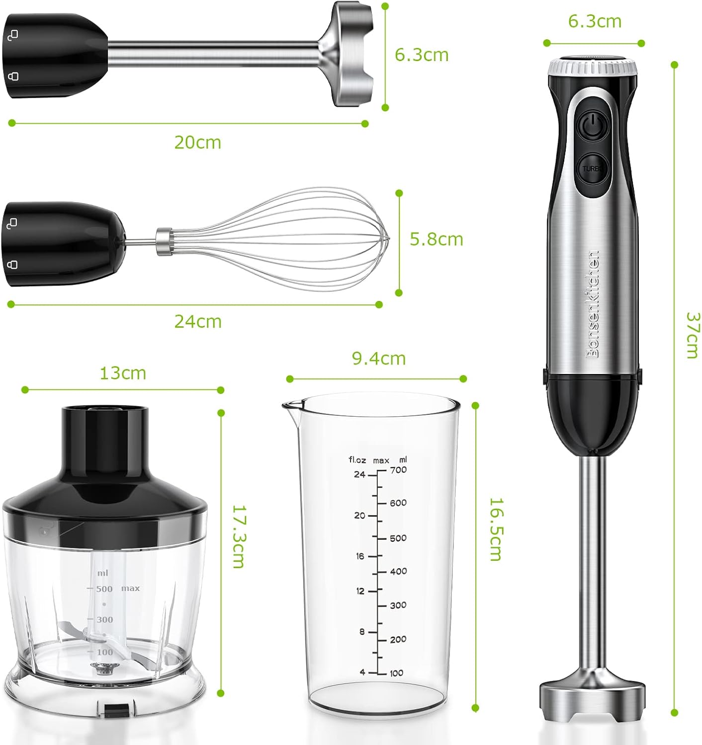 Bonsenkitchen Stainless Steel Hand Blender, 4-in-1 Stick Blender 1000W, 20 Speed Adjustable, with Whisk, 500ml Chopper and 700ml Measuring Cup, Food Processor