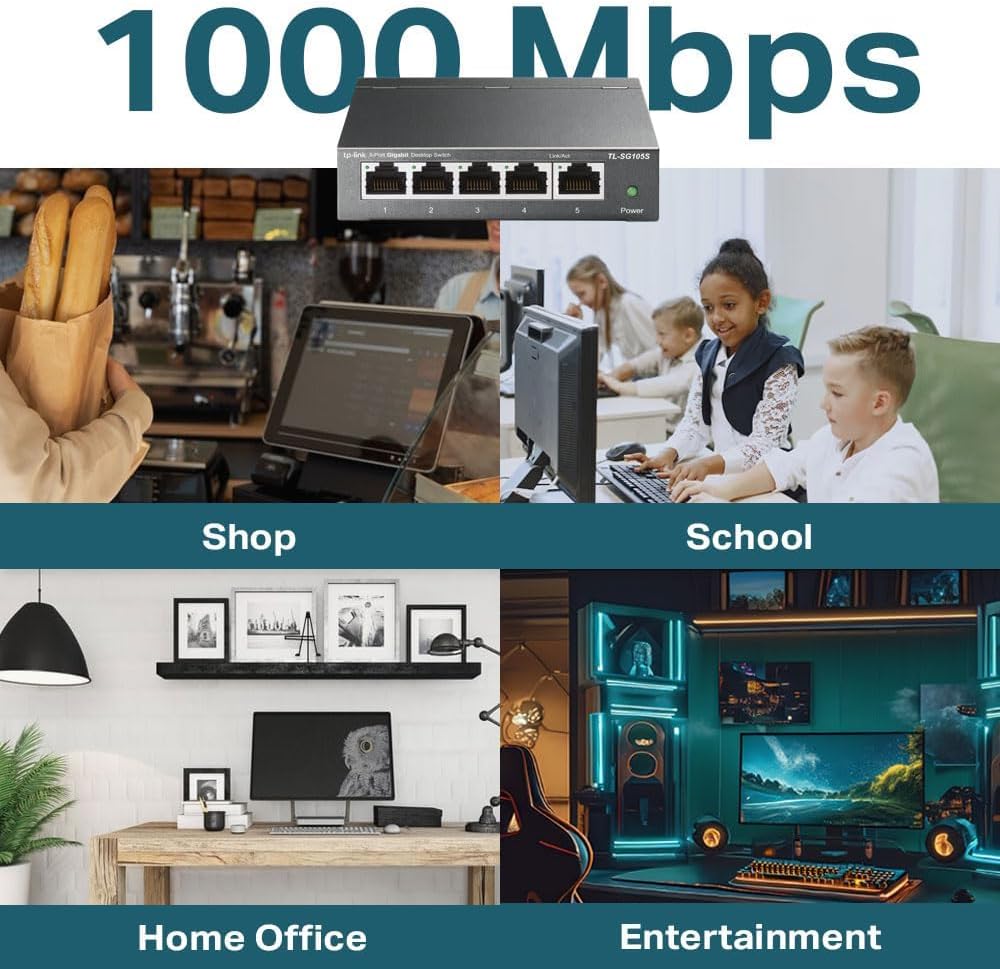 TP-Link 5 Port Gigabit Ethernet Network Switch, Ethernet Splitter 1 to 4, Network 4 Way Ethernet Hub, Desktop & Wall-Mounting, Sturdy Metal, Fanless, Plug & Play, Energy-Saving (TL-SG105S)