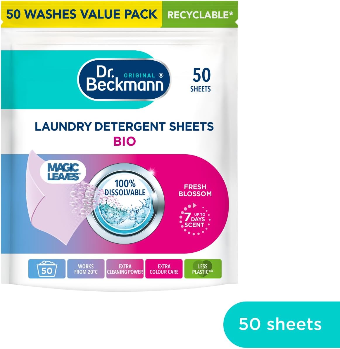 Dr. Beckmann Laundry Detergent Sheets BIO | Fresh Blossom | MAGIC LEAVES | Pre-dosed | 50 sheets