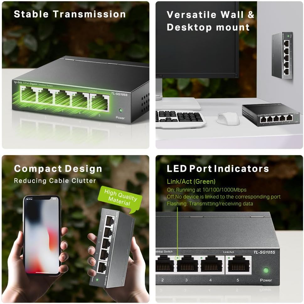 TP-Link 5 Port Gigabit Ethernet Network Switch, Ethernet Splitter 1 to 4, Network 4 Way Ethernet Hub, Desktop & Wall-Mounting, Sturdy Metal, Fanless, Plug & Play, Energy-Saving (TL-SG105S)