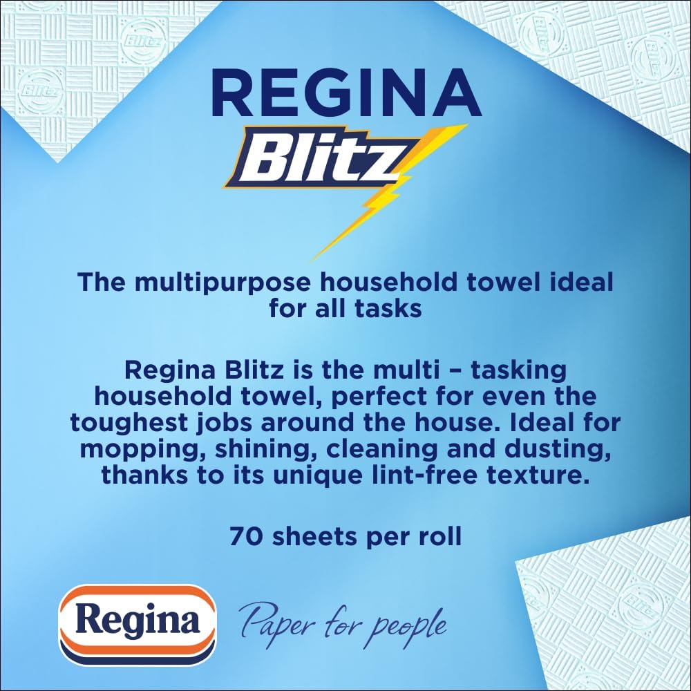 Regina Blitz Household Towels – 8 Triple Layered Rolls, 70 Sheets Per Roll, Paper Packaging, FSC Certified Paper, Recyclable Packaging, 60% Larger Than Standard Kitchen Roll Sheets