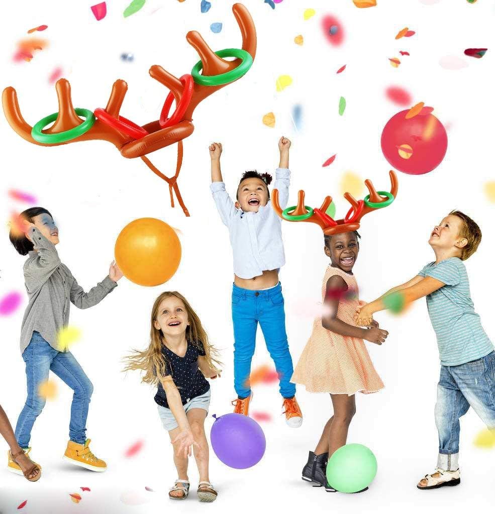 VEYLIN Christmas Party Toss Game Inflatable Reindeer Antler Hat with Rings for Kids Adults Family Xmas Fun Games