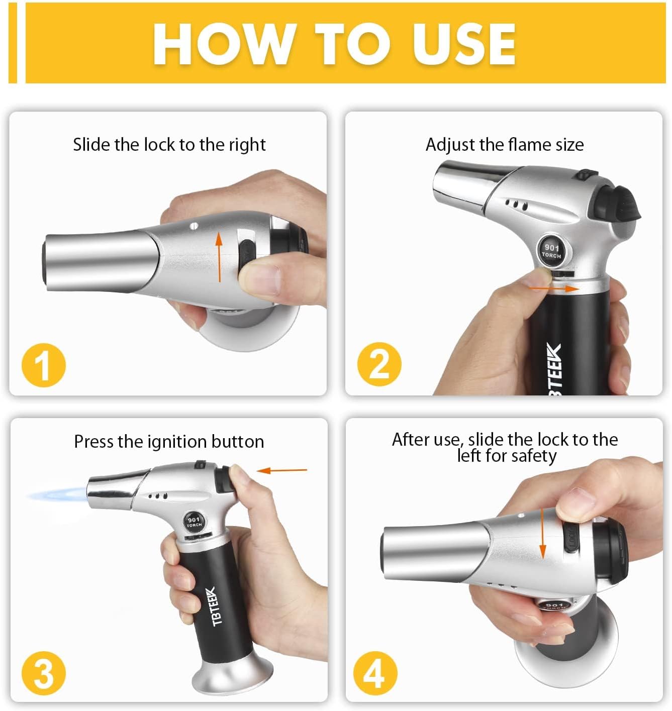 TBTeek Blow Torch, Fit All Tanks Kitchen Blow Torch with Safety Lock & Adjustable Flame for Cooking, BBQ, Baking, Brulee, Creme, DIY Soldering(Butane Not Included)