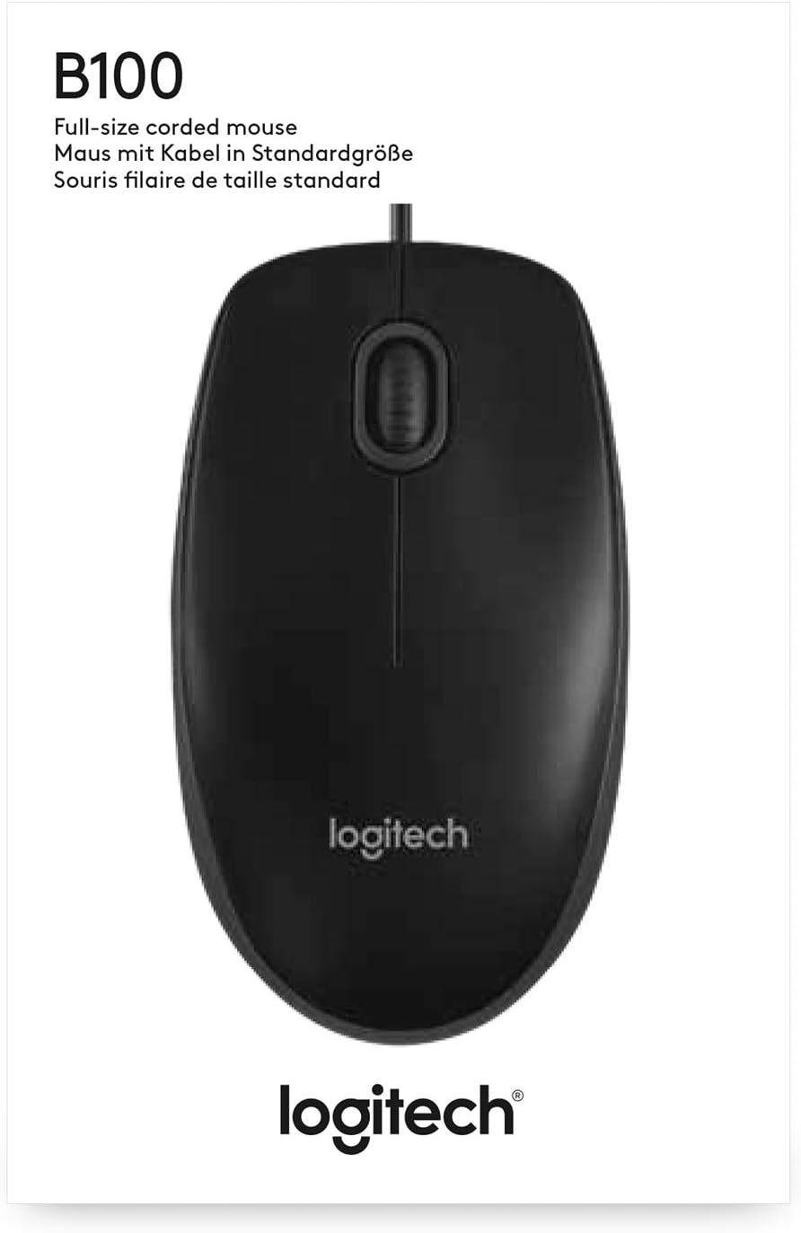 Logitech B100 Wired USB Mouse, 3-Buttons, Optical Tracking, Ambidextrous PC / Mac / Laptop - Black