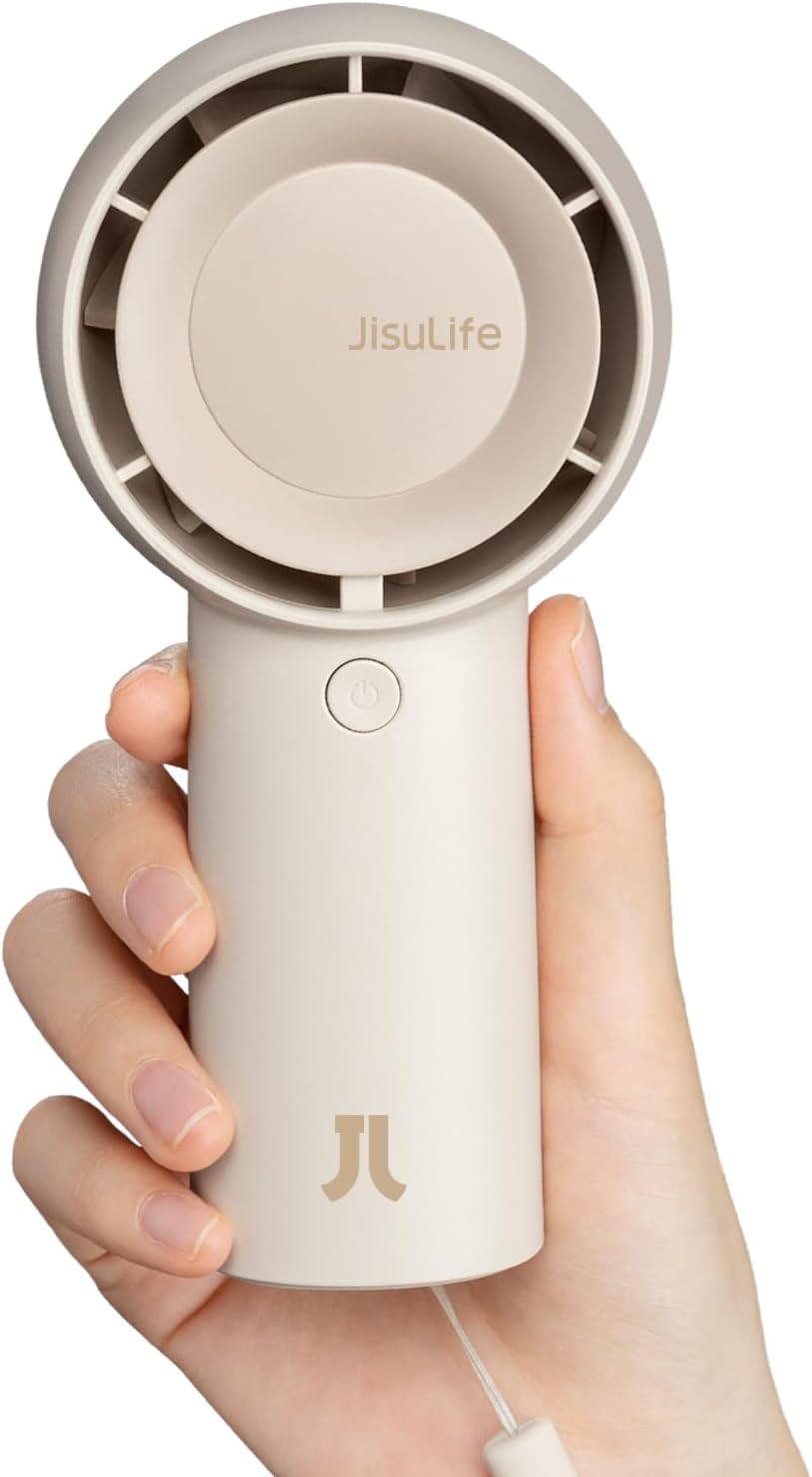 JISULIFE Mini Portable Handheld Turbo Fan – Up to 16H Cooling Time, 5 Speeds, USB Powered Personal Fan for Travel, Outdoor, Home & Office – Brown