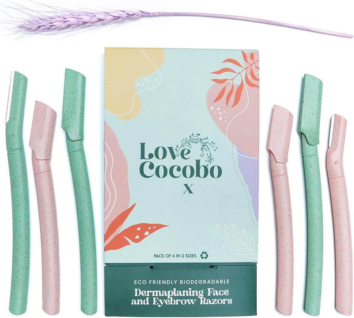 Love Cocobo | Dermaplaning Blades for Face | Eco Wheat Straw Eyebrow Razor | Face Razors for Women | Facial Hair Remover for Women | Peach Fuzz Remover | 6 Pcs 2 Sizes Biodegradable Dermaplane Tool