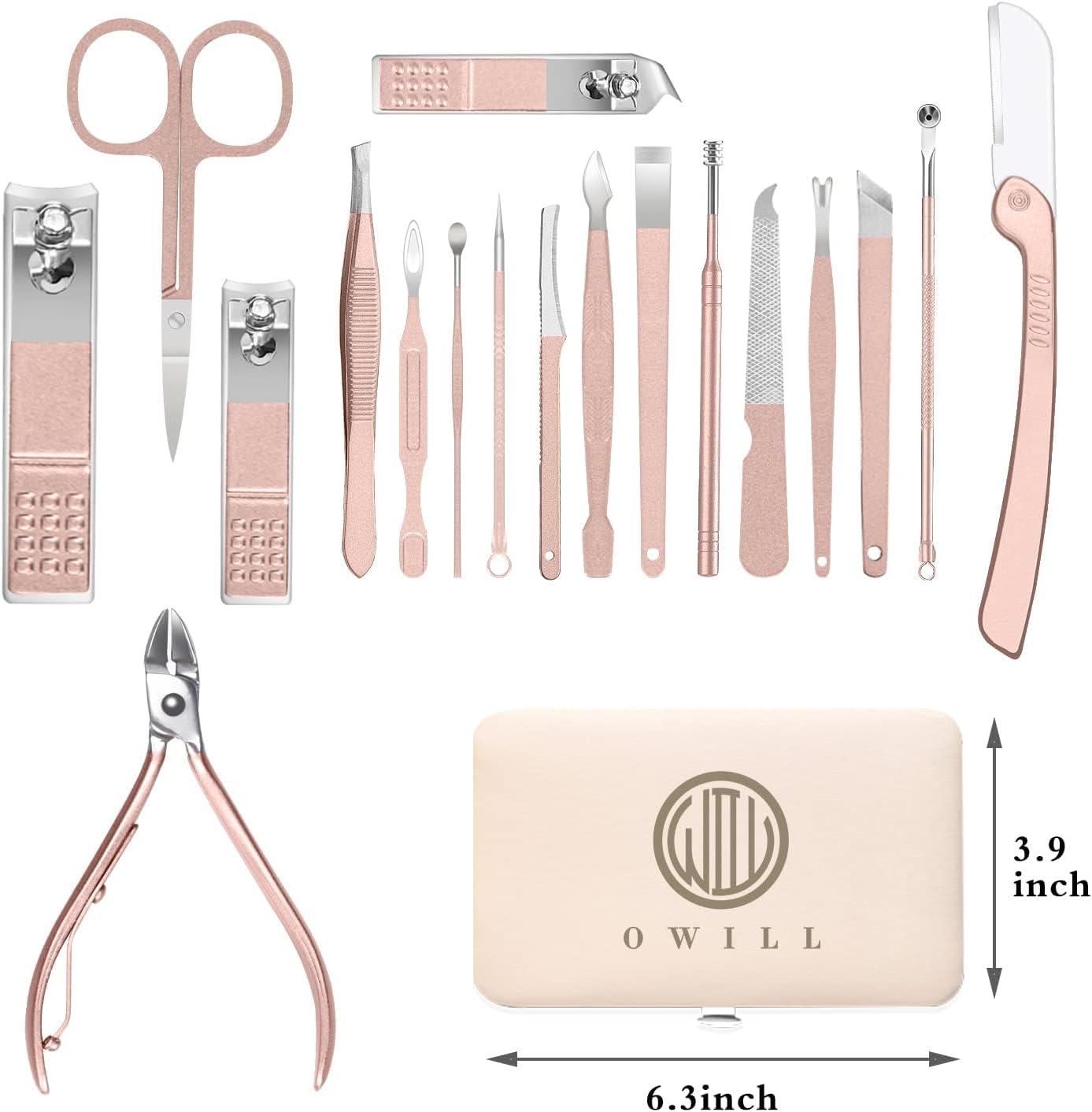 OWill Manicure Set, 18pcs Nail Clippers Pedicure Kit with PU Leather Case Nail Care Kit Professional Tools Gift for Women Wife Girlfriend Parents(Rose Gold)