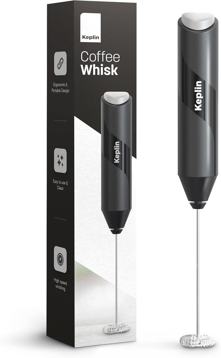 Keplin Handheld Milk Frother – Stainless Steel Electric Whisk, Portable Battery-Operated Coffee Frother for Lattes, Matcha & Protein Shakes – Ergonomic & Easy to Clean (Black)