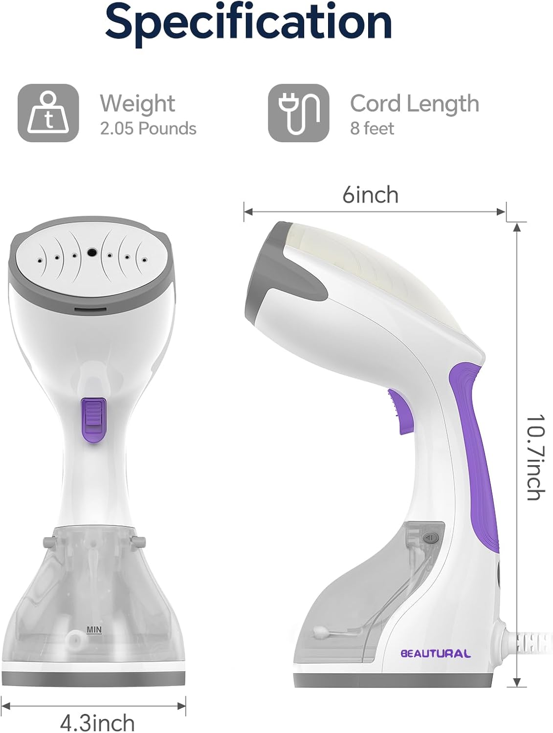 BEAUTURAL Steamer for Clothes, Portable Handheld Garment Fabric Wrinkles Remover, 30-Second Fast Heat-up, Auto-Off, Large Detachable Water Tank