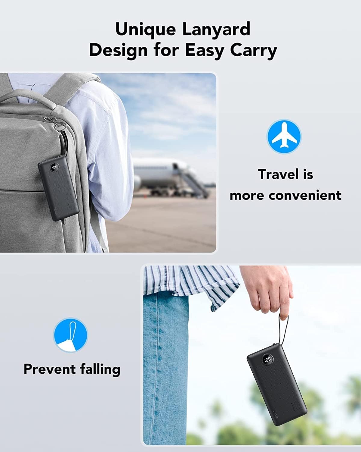 VRURC Portable Power Bank 10,000mAh with Built-In Cables – USB-C Portable Charger with 5 Outputs, 2 Inputs & LED Display – Compatible with iPhone 16/15/14, Samsung S21/S20, Xiaomi