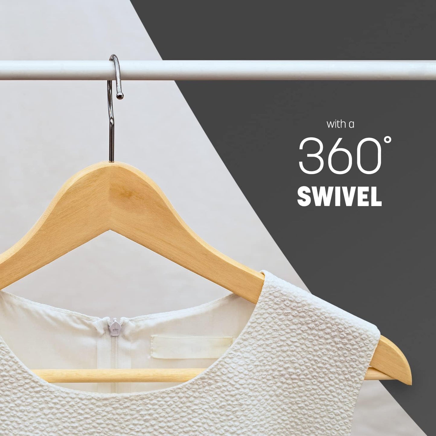 KEPLIN Strong Walnut Wood Wooden Coat Hangers with 360 Degree Rotatory Hook & Round Trouser Bar & Shoulder Notches - Durable Wardrobe Space Saver (Natural, 20 Pack)