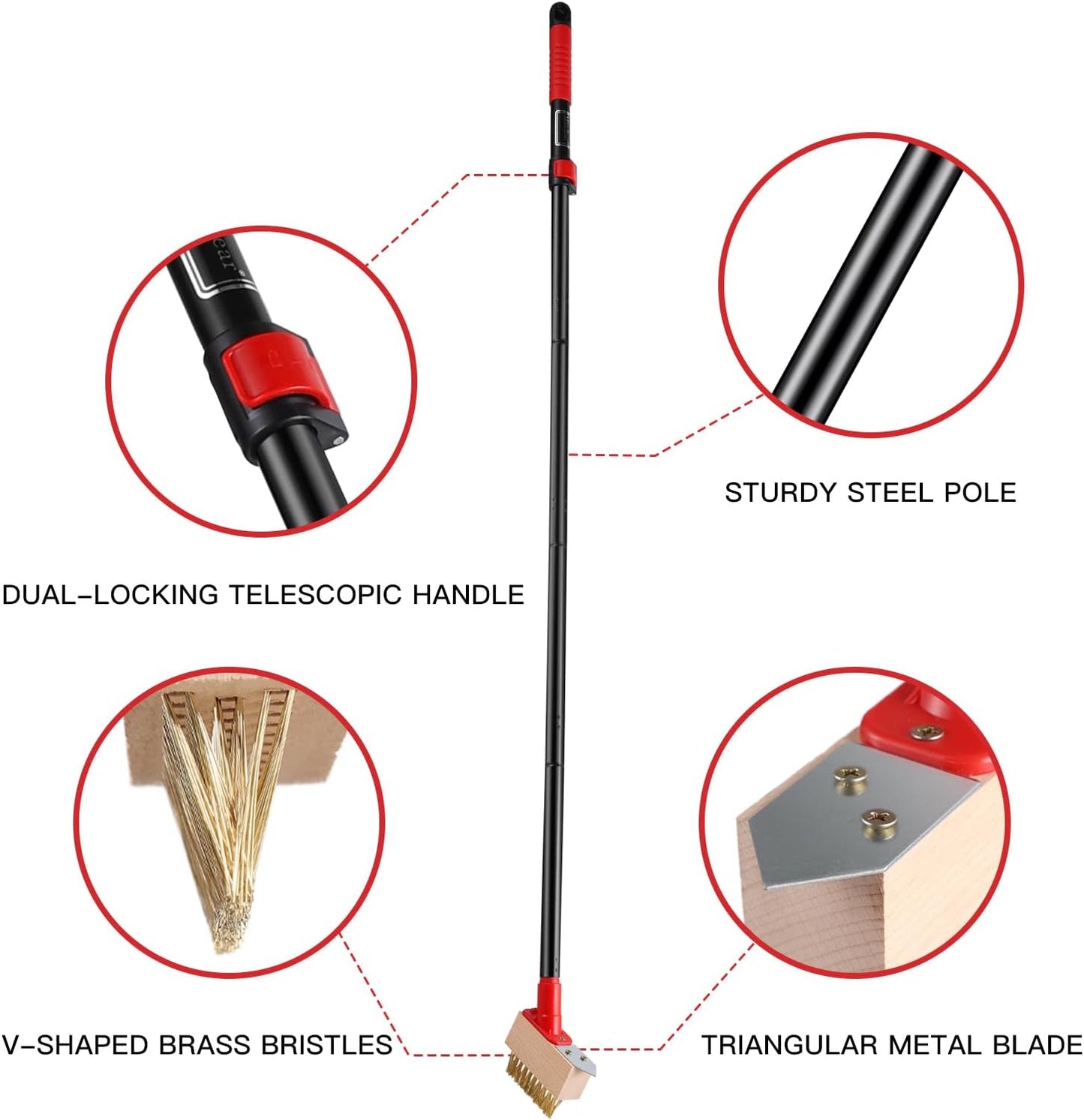 Mitclear Weed Remove Brush with Long Handle(53IN), Weed Remover Tool with V-shaped Wire Brush & Blade Scraper, Remove Weed & Moss from Block Paving Garden Path Patio Driveway (3 Brush Heads)