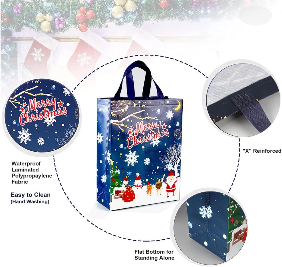 Volsha 4 Pack Christmas Reusable Grocery Bag,Large Tote Bag with Handle, Gift Present Bag, Shopping Bag for Holiday Xmas Event Party