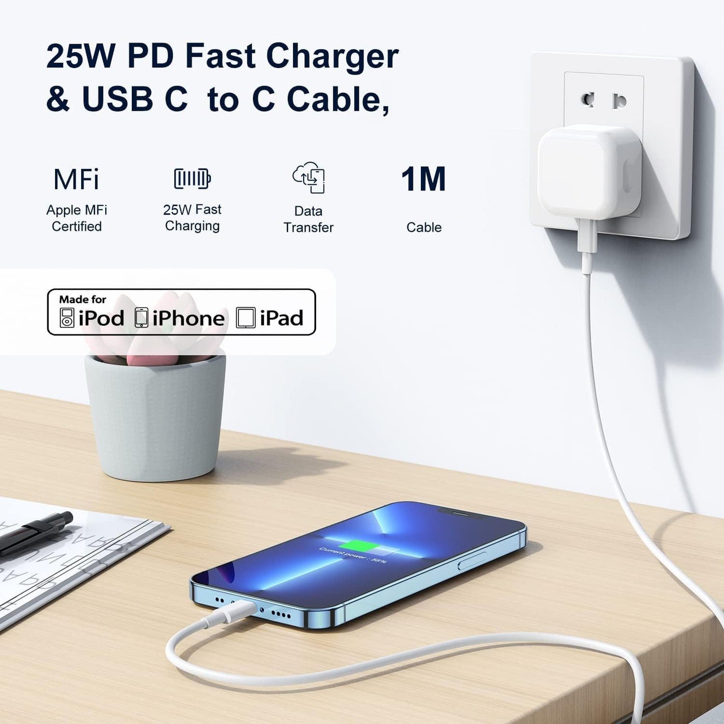 iPad Charger,New Apple iPad USB C Fast Charger Cable and Plug 25W Charge for i Pad Pro 12.9 11 13 inch 4th 5th 6th M4 2024 Generation/Air 10.9 inch 5th Gen M2 M3/Mini 6 A17 Pro/Pad 10th A16 11th 2025