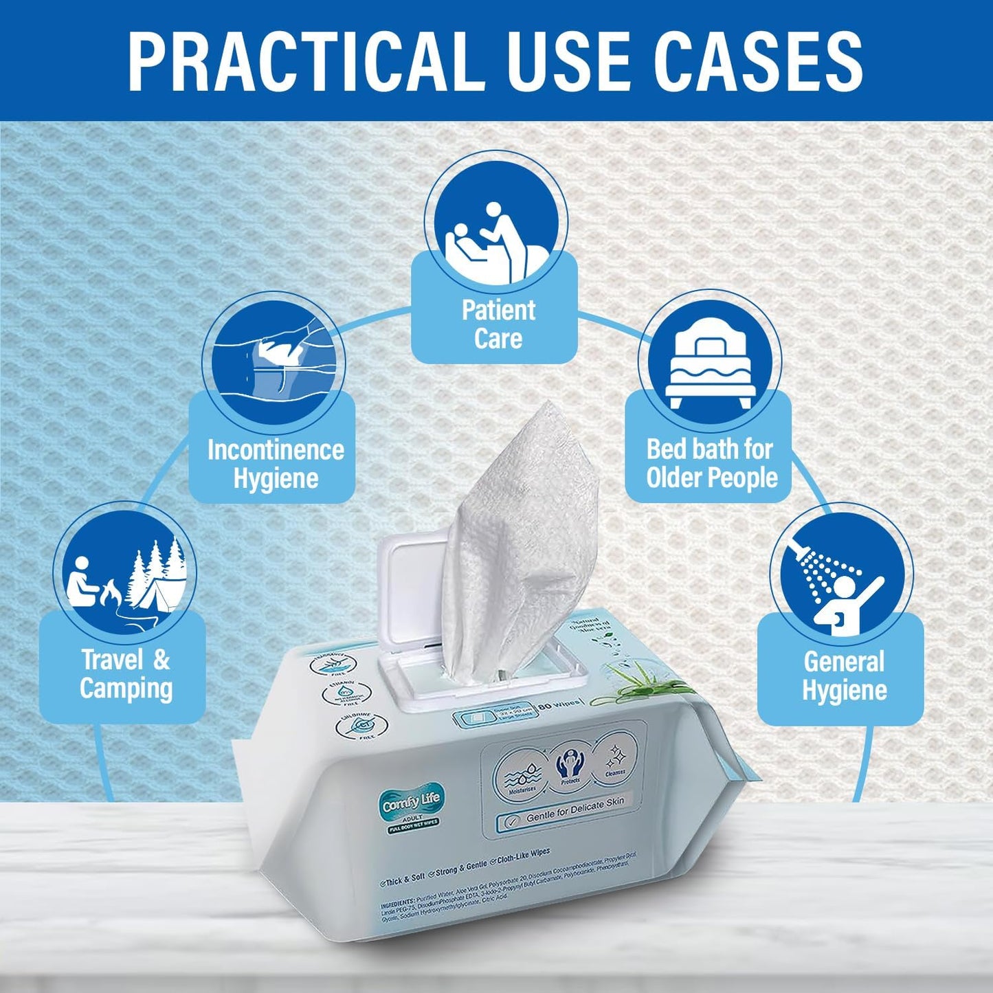 Comfy Life Premium Full Body Cleansing Wet Wipes For Adults - Large Luxury Fresh-feel Rinse-free Fragrance-free Bed Bath Intimate-care Soft Sheets (1 Pack (80 Wipes)