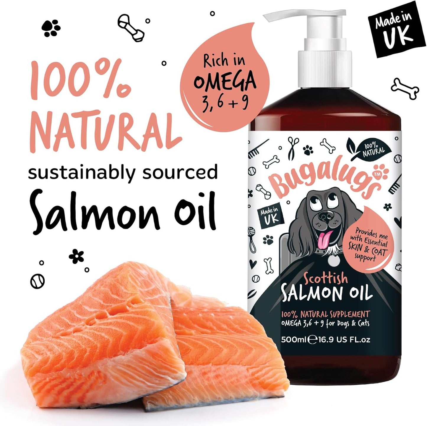 Bugalugs Scottish Salmon Oil For Dogs & Cats, Dog Supplement Support for Skin And Coat, Itchy Skin & Moulting, Omega 3 Fish Oil (Salmon, 500ml)