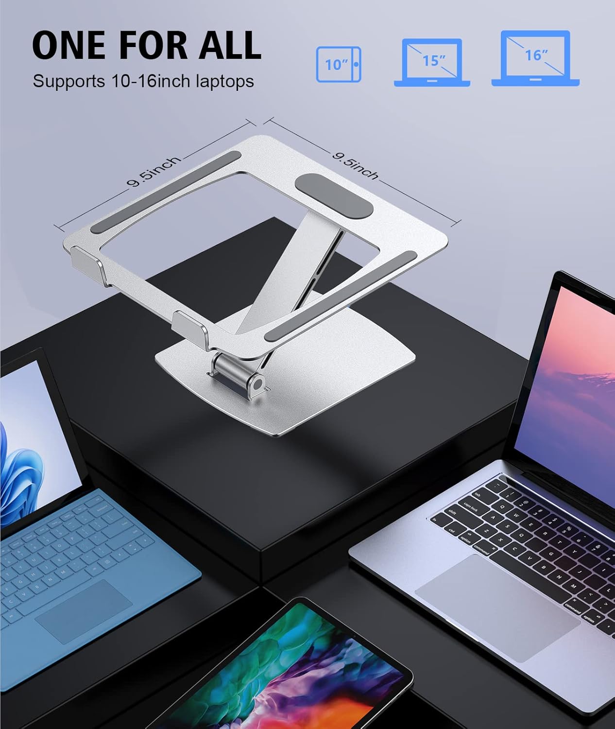 Glangeh Laptop Stand Adjustable Height, Ergonomic Air-Ventilated Laptop Riser Holder for Desk, Aluminum Foldable Laptop Cooling Pads Computer Stand Compatible with MacBook Air Pro (10-16")-Silver