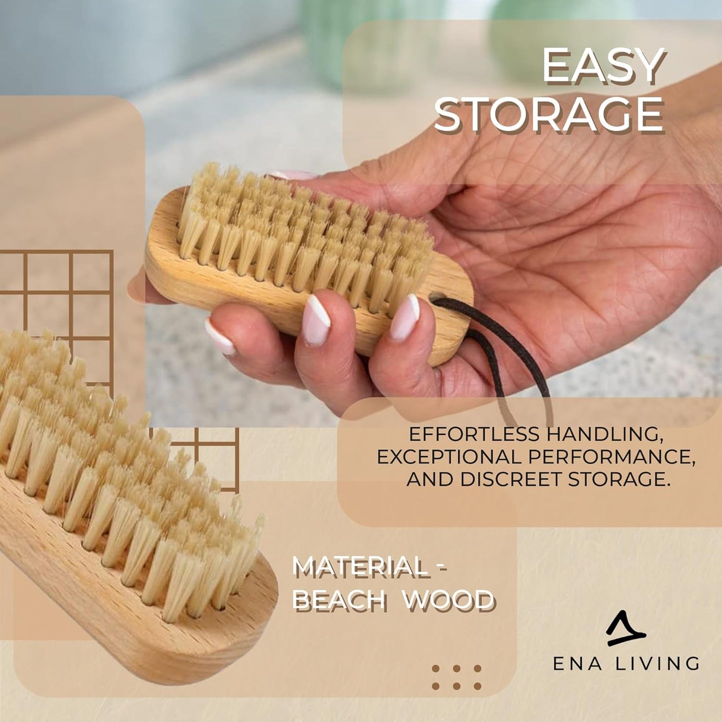 ENA Living Nail Brush (9.5x3.3 cm) Wooden Eco Nail Brush Sustainable Wooden Nail Brush Made From Beechwood Long Lasting and Sturdy Natural Nail Brush Cleaner