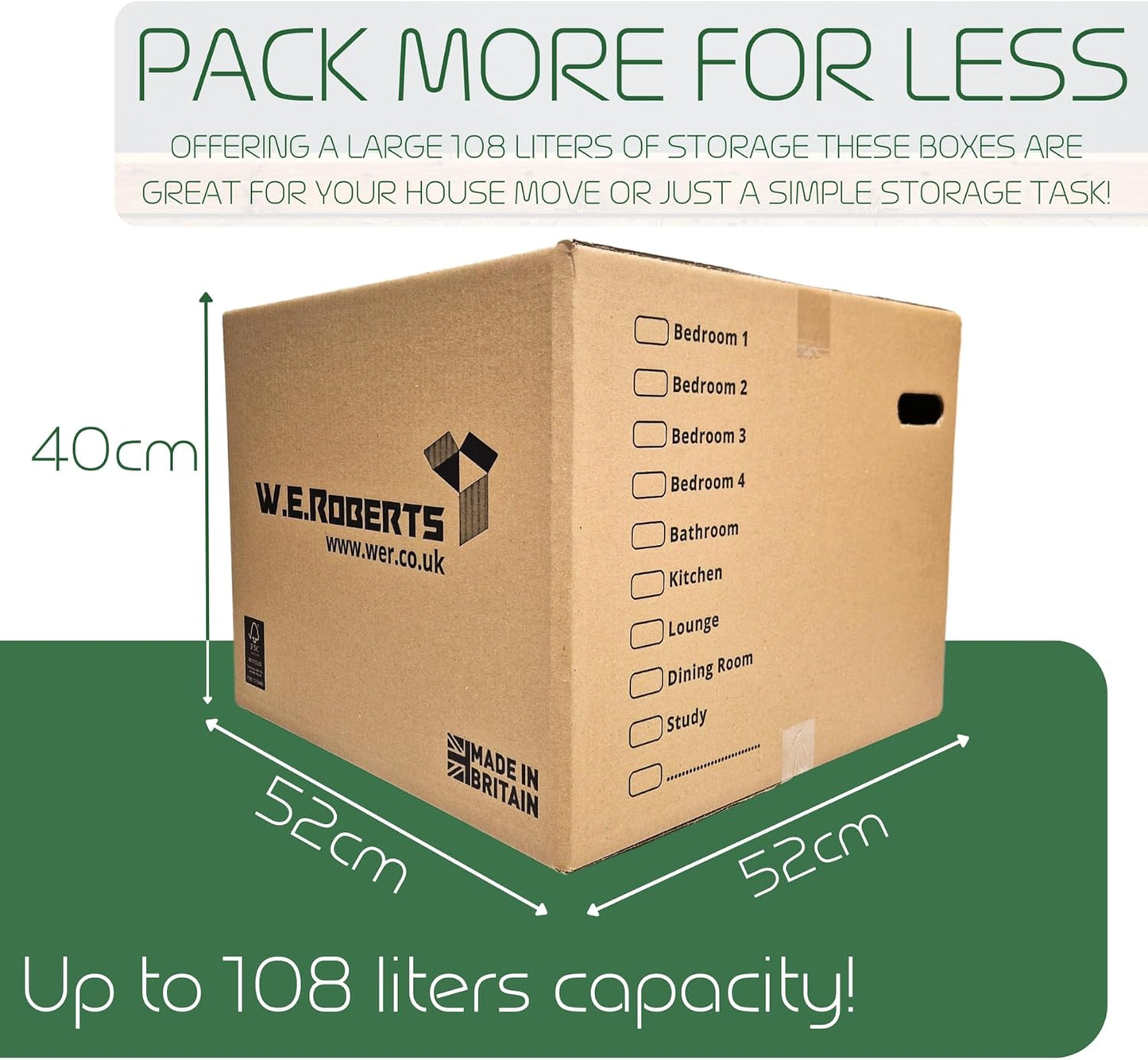 W.E. Roberts 10 Strong Extra Large Cardboard moving Boxes. Packing boxes for moving house with Printed Room List and Carry Handles 52cm x 52cm x 40cm cardboard Boxes