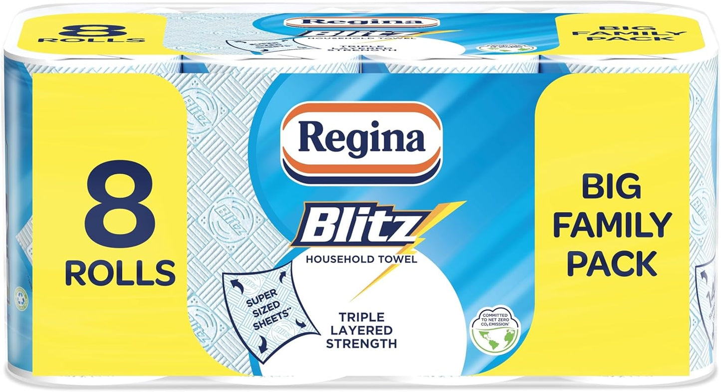 Regina Blitz Household Towels – 8 Triple Layered Rolls, 70 Sheets Per Roll, Paper Packaging, FSC Certified Paper, Recyclable Packaging, 60% Larger Than Standard Kitchen Roll Sheets