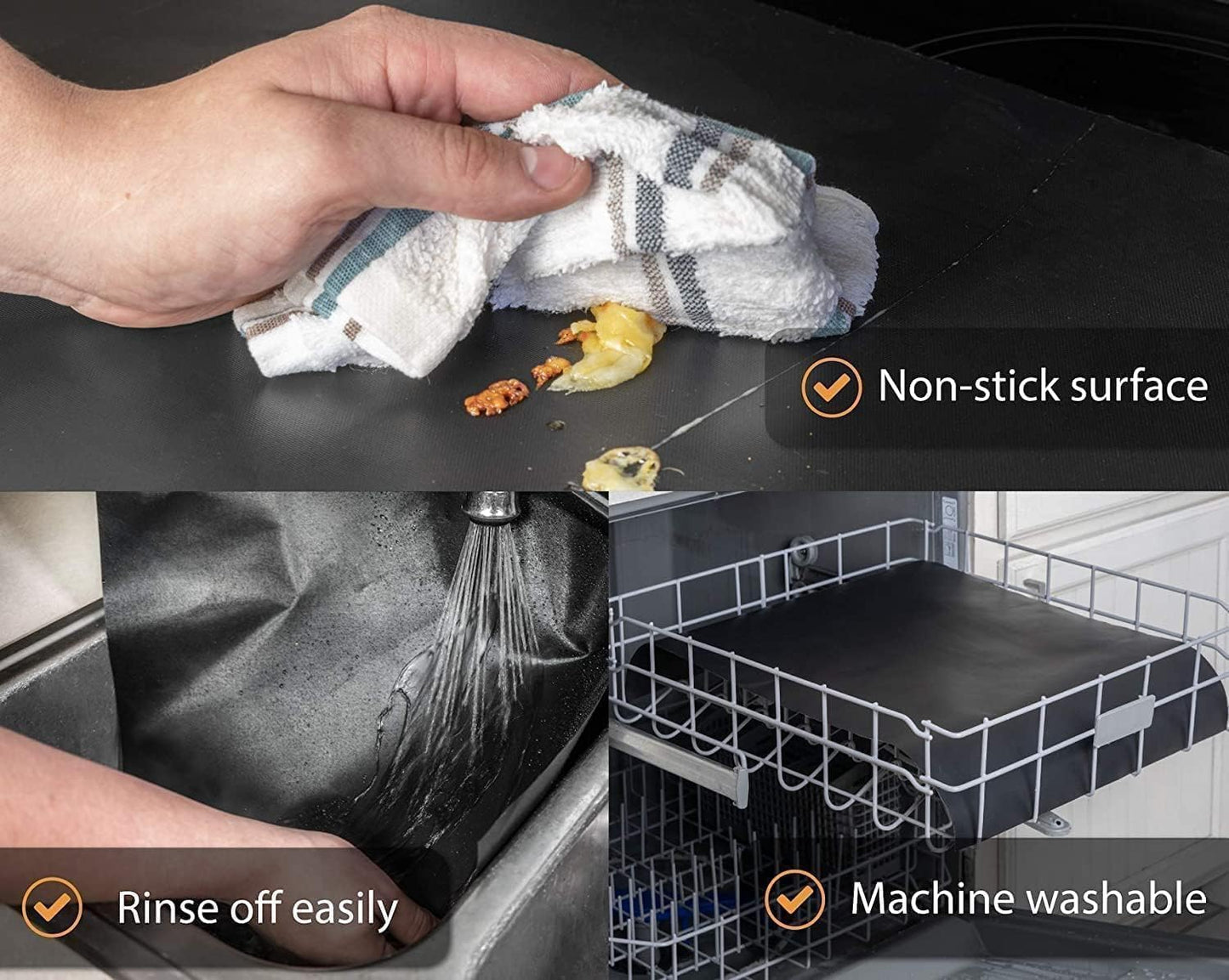 Oven Liners for Bottom of Oven (2 Pack) - Universal Non-Stick Liner for Fan Assisted Cooking, 32 x 50 cm Kitchen Essentials, Protector Sheets, Save Time & Clean Easily (Black)